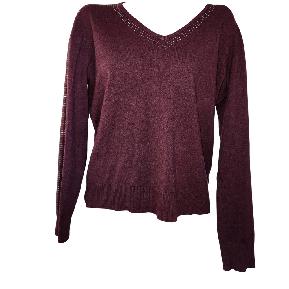 Milano Womens Burgundy Rhinestone‎ Embellished V-Neck Sweater XL Wine Studded